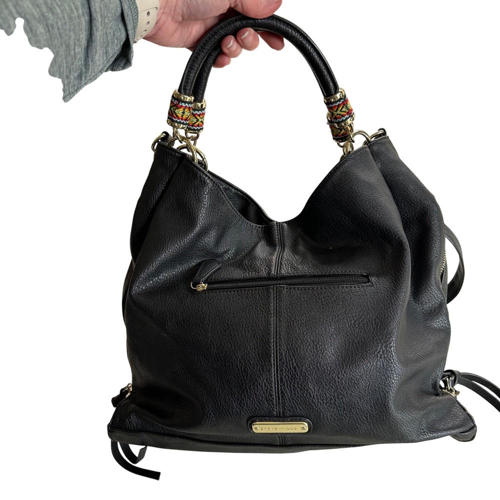 Steve Madden Y2K 2000s Black Pebbled Faux Leather Hobo Bag Boho Embroider Handle